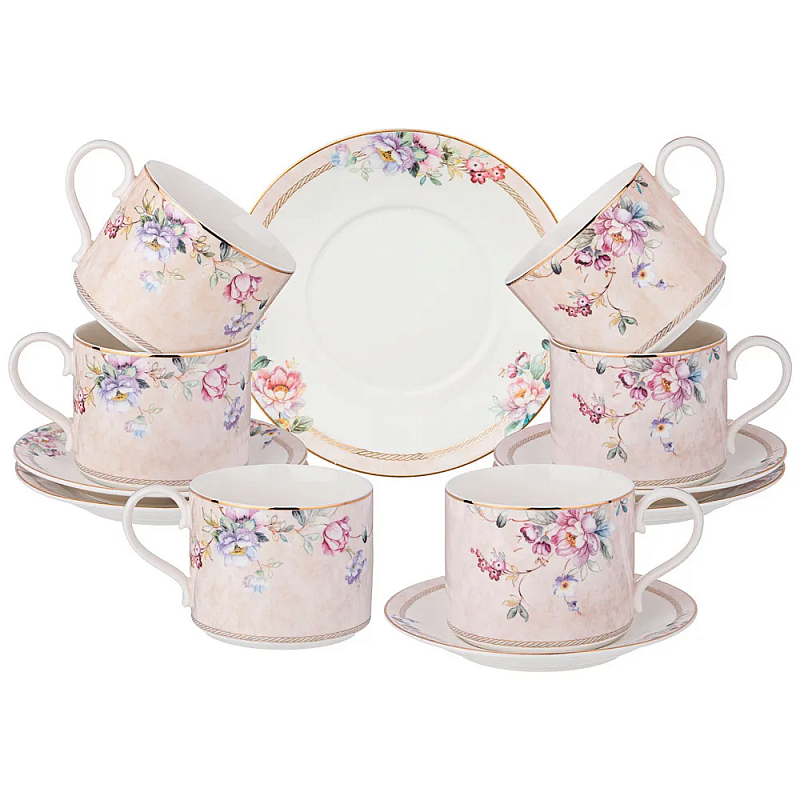 Чайный набор из фарфора с цветочным принтом на 6 персон 12 предметов Flower Porcelain Collection Розовый Мульти Чайный набор из фарфора с цветочным принтом на 6 персон 12 предметов Flower Porcelain Collection Розовый Мульти в Брянске | Loft Concept