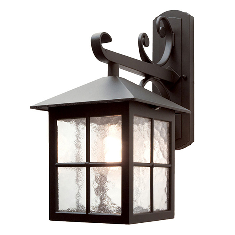 Настенный фонарь черного цвета в форме фонаря с решетчатым плафоном и фактурным стеклом Elstead Lighting Черный Прозрачное Стекло в Брянске | Loft Concept 