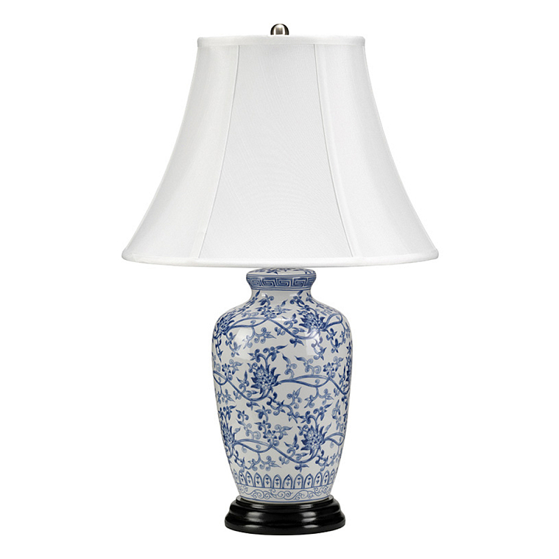 Настольная лампа с фарфоровым основанием с декоративным орнаментом и белым абажуром на темной круглой подставке Elstead Lighting Белый Синий Никель Черный Золотой Серебряный в Брянске | Loft Concept 