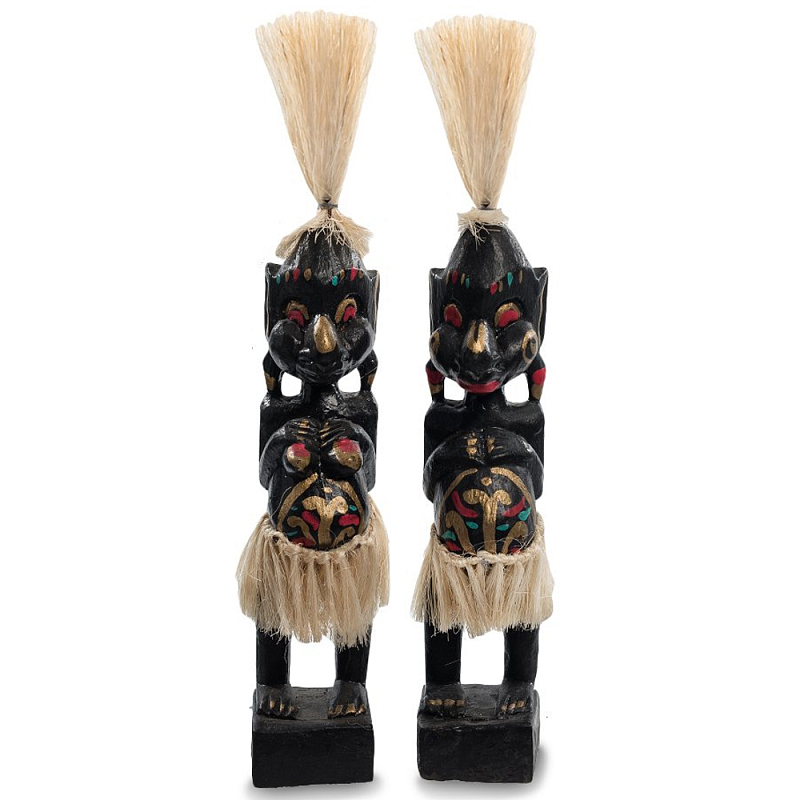 Комплект из 2-х деревянных статуэток Asmat Straw Headdress Statuettes Multicolor Мульти Черный Синий Красный Комплект из 2-х деревянных статуэток Asmat Straw Headdress Statuettes Multicolor Мульти Черный Синий Красный в Брянске | Loft Concept