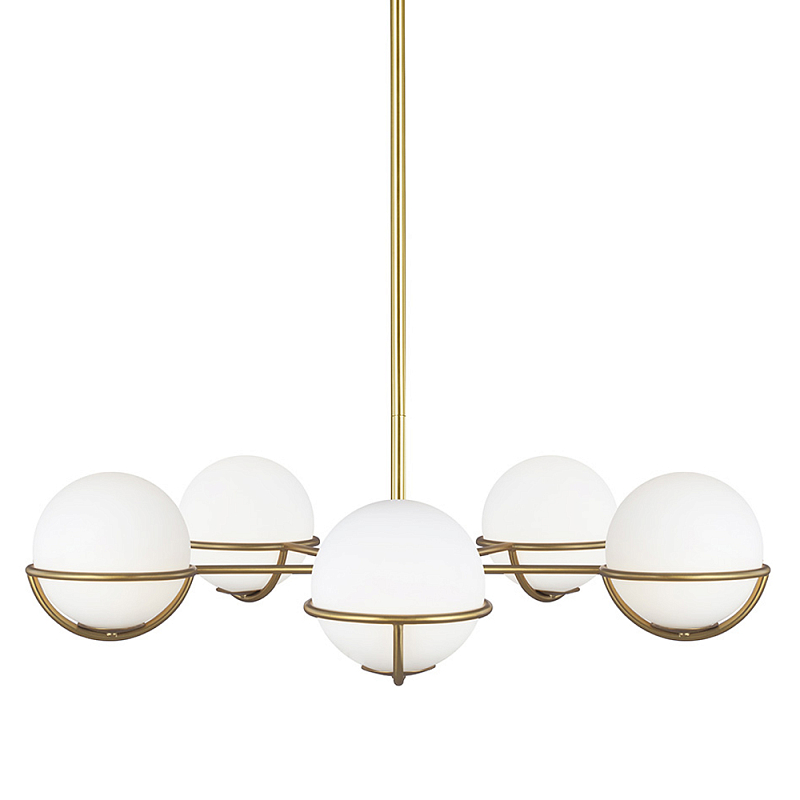 Люстра с 5-ю белыми шарообразными плафонами в сферические каркасах Feiss Латунь Белый в Брянске | Loft Concept 