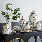 Ваза белая с крышкой с рисунком зеленых и золотых листьев 48 см Chinoiserie Ceramics варинант исполнения - 5 | Loft Concept в Брянске
