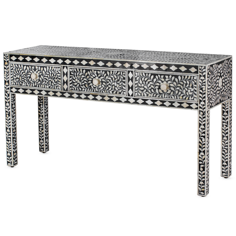 Консоль черный орнамент отделка кость BONE INLAY CONSOL TABLE 3 DRAWER ivory ( слоновая кость ) Черный в Брянске | Loft Concept 