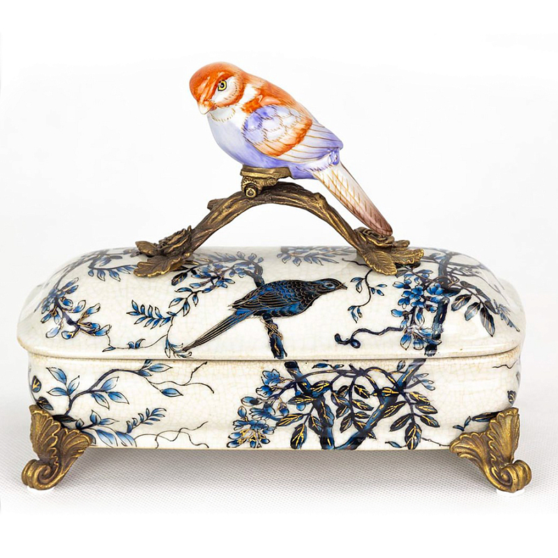 Шкатулка Box Blue Ornament with Bird Белый Бронза Синий Шкатулка Box Blue Ornament with Bird Белый Бронза Синий в Брянске | Loft Concept