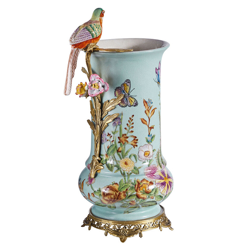 Ваза с птичкой из фарфора с бронзовыми элементами Garden of Eden Бронза Мульти Зеленый в Брянске | Loft Concept 
