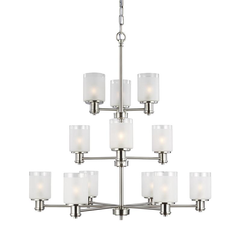 Люстра двухъярусная цвета никель с 12-ю матовыми цилиндрическими стеклянными плафонами Generation Lighting Никель Белый Бежевый в Брянске | Loft Concept 