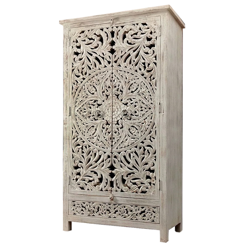 Шкаф с орнаментом ручная резьба из дерева Indian Antique Furniture Серый Шкаф с орнаментом ручная резьба из дерева Indian Antique Furniture Серый в Брянске | Loft Concept