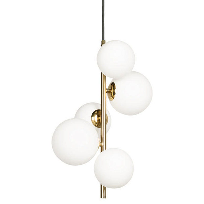 Подвесной светильник с 5-ю белыми шарообразными плафонами Bubble Chandelier Белый Золотой Подвесной светильник с 5-ю белыми шарообразными плафонами Bubble Chandelier Белый Золотой в Брянске | Loft Concept