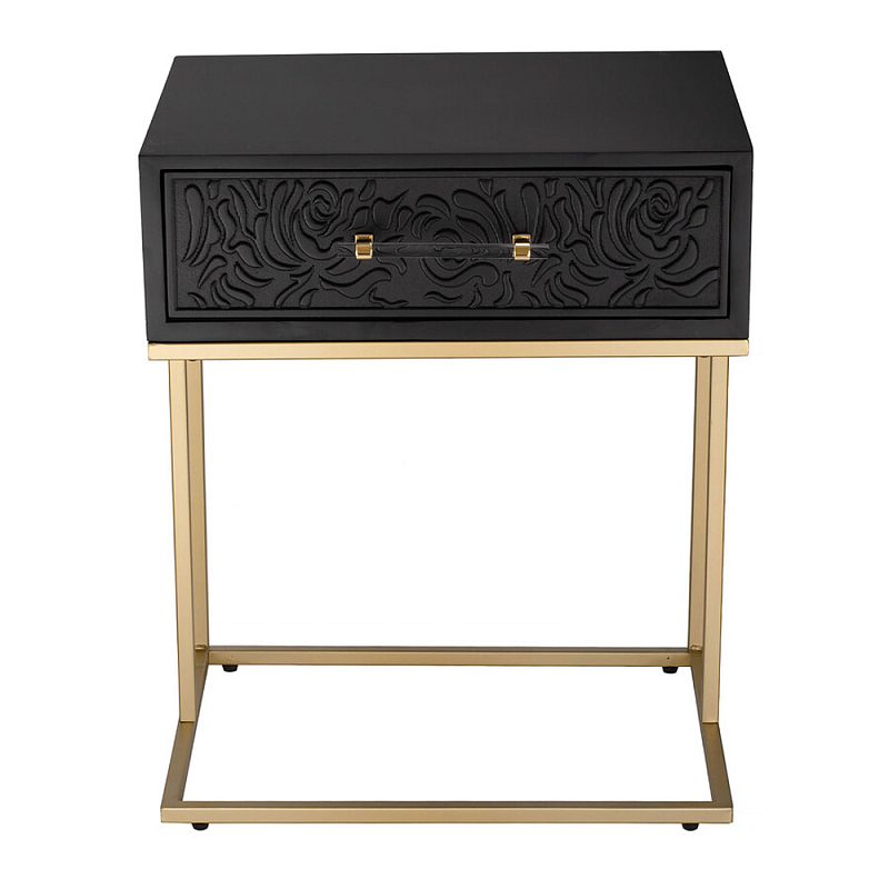 Приставной столик с резным узором на выдвижном ящике Black Table Carved Pattern Черный Золотой в Брянске | Loft Concept 