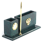 Настольный письменный набор с гербом России и часами из природного камня змеевик Successful Leader варинант исполнения - 2 | Loft Concept в Брянске