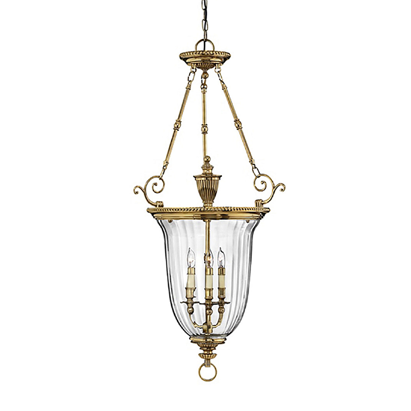 Подвесной светильник латунный с рифленым прозрачным плафоном и тремя свечеподобными лампами в классическом стиле Hinkley Латунь Прозрачное Стекло в Брянске | Loft Concept 