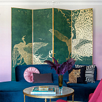 Обои ручная роспись в стиле Арт-деко Whistler Peacocks Original colourway on green painted silk варинант исполнения - 1 | Loft Concept в Брянске