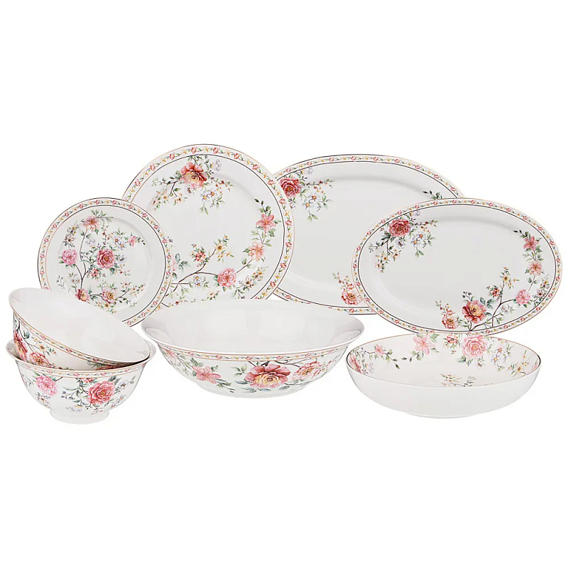 Сервиз обеденный из фарфора 23 предмета Flower Porcelain Collection Белый Красный Зеленый Сервиз обеденный из фарфора 23 предмета Flower Porcelain Collection Белый Красный Зеленый в Брянске | Loft Concept