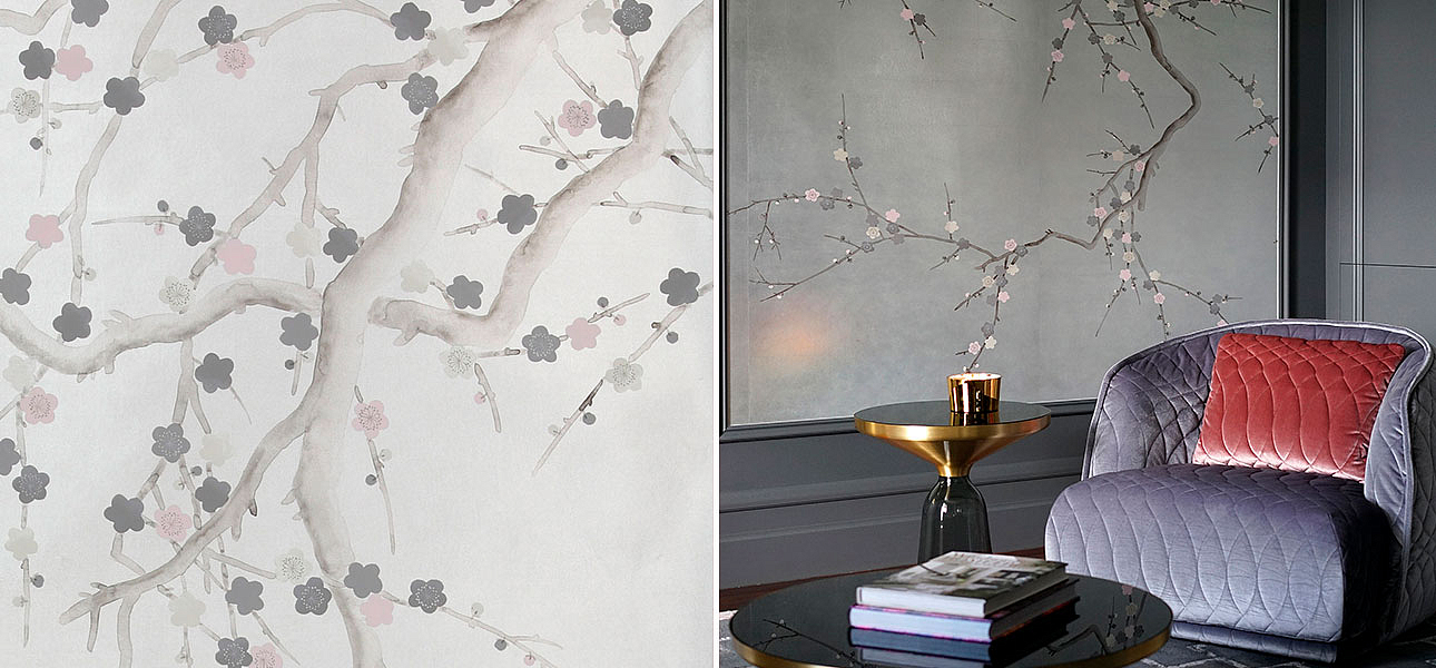 Обои ручная роспись Plum Blossom Colourway SC-233 on Sterling Silver gilded silk Обои ручная роспись Plum Blossom Colourway SC-233 on Sterling Silver gilded silk - Loft-Concept в Брянске