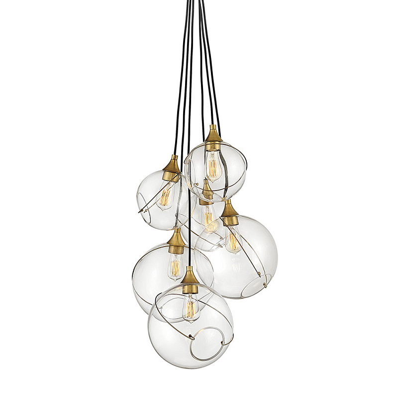 Подвесной светильник с шестью прозрачными стеклянными шарообразными плафонами Hinkley Латунь Прозрачное Стекло в Брянске | Loft Concept 