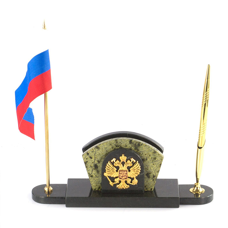 Визитница настольная с гербом и флагом России из природного камня змеевик Successful Leader Золотой Черный Визитница настольная с гербом и флагом России из природного камня змеевик Successful Leader Золотой Черный в Брянске | Loft Concept