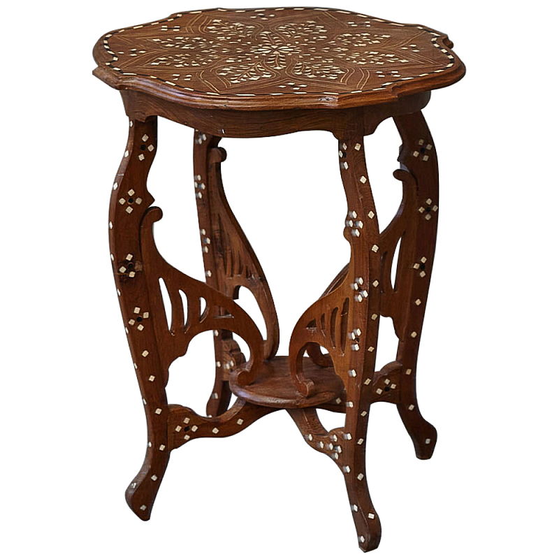 Приставной столик из массива тика инкрустированный костью Wooden Bone Inlay Side Table Коричневый Белый Приставной столик из массива тика инкрустированный костью Wooden Bone Inlay Side Table Коричневый Белый в Брянске | Loft Concept