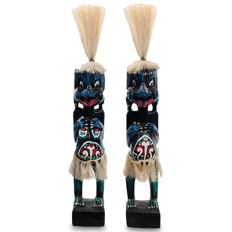 Комплект из 2-х деревянных статуэток Asmat Straw Headdress Statuettes Blue Red Черный Синий Красный Бежевый Мульти Комплект из 2-х деревянных статуэток Asmat Straw Headdress Statuettes Blue Red Черный Синий Красный Бежевый Мульти в Брянске | Loft Concept