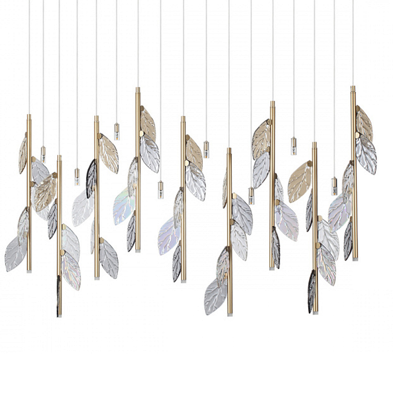 Люстра с золотистыми трубками и прозрачными стеклянными листьями на подвесах Sylva  матовое золото Дымчатый (Smoke) Прозрачное Стекло в Брянске | Loft Concept 