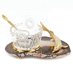Икорница с ложкой с декором "Кадушка" с гравировкой на подставке из натурального камня Агат Decorative Cavair Dishes варинант исполнения - 1 | Loft Concept в Брянске