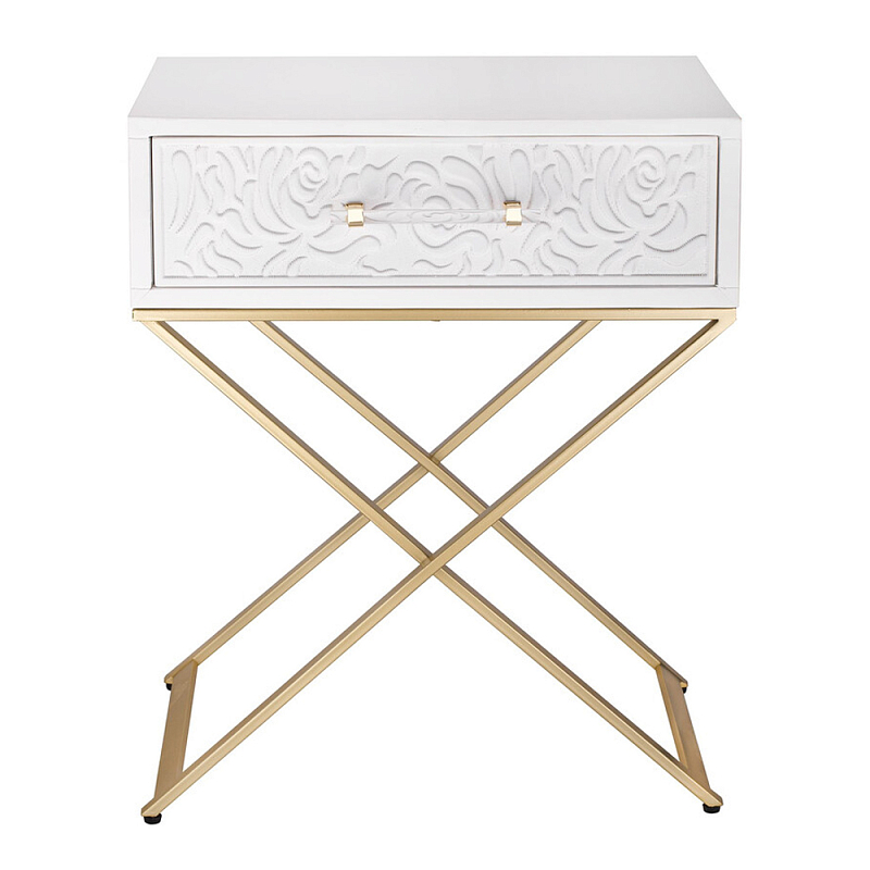 Приставной столик с выдвижным ящиком  White Table Carved Pattern Белый Золотой в Брянске | Loft Concept 