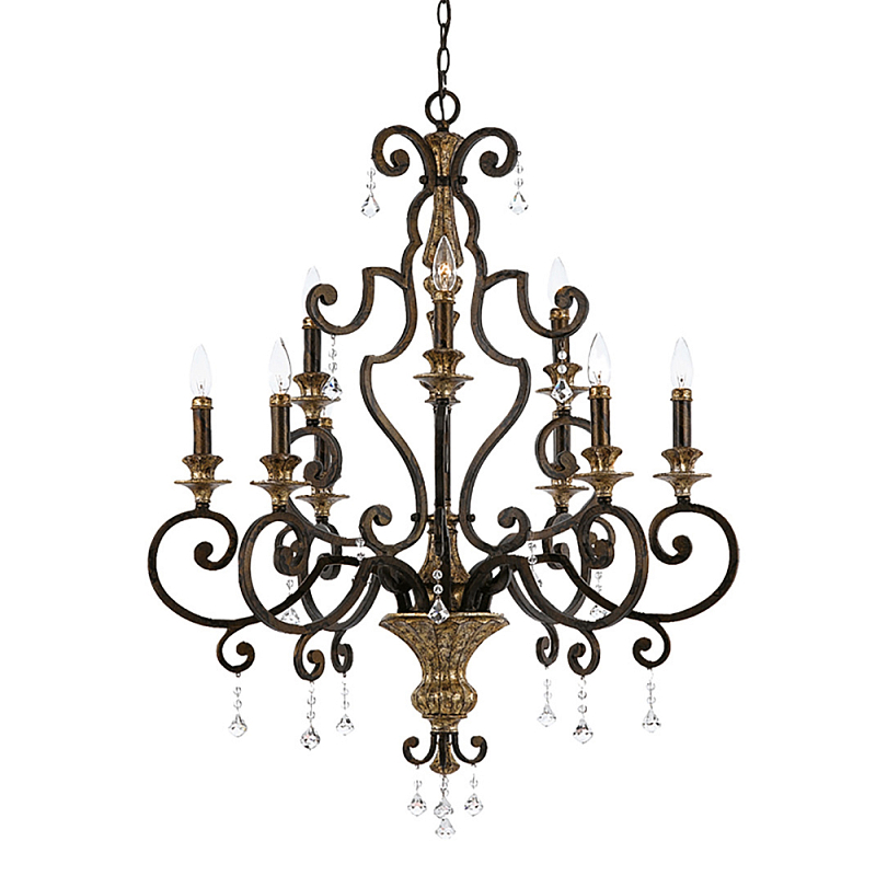 Люстра с подвесками из прозрачного стекла на кованом каркасе бронзового цвета в классическом стиле Quoizel Бронза Прозрачное Стекло Золотой в Брянске | Loft Concept 