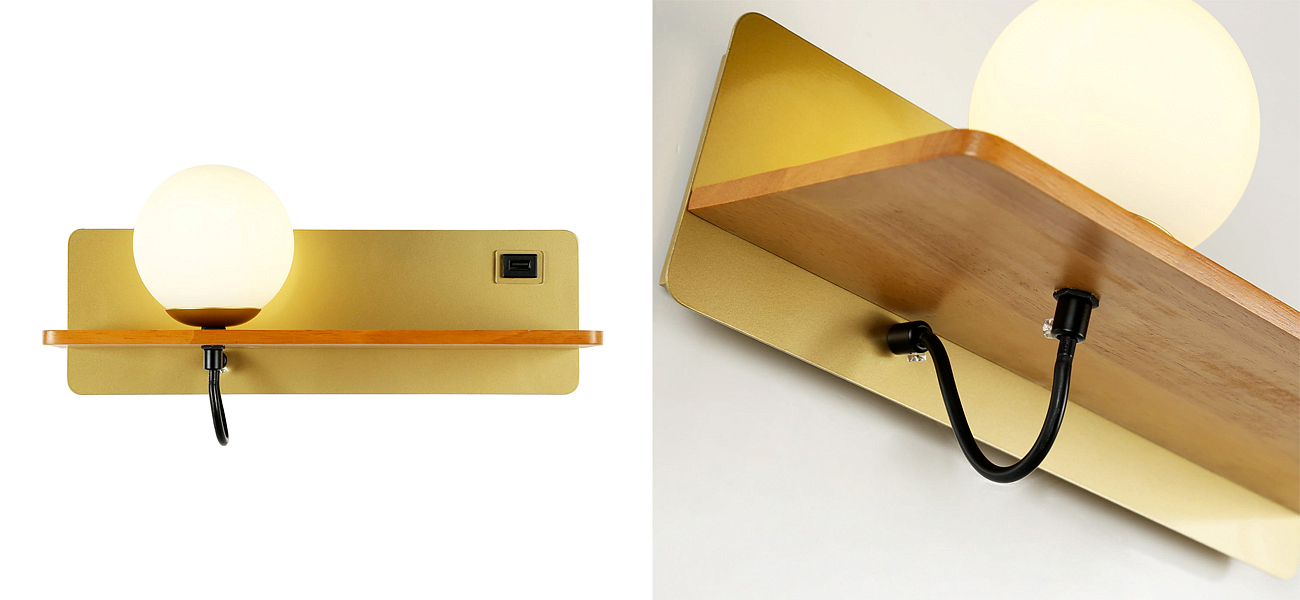 Бра с полкой Gold GAVIN WOOD USB Бра с полкой Gold GAVIN WOOD USB - Loft-Concept в Брянске