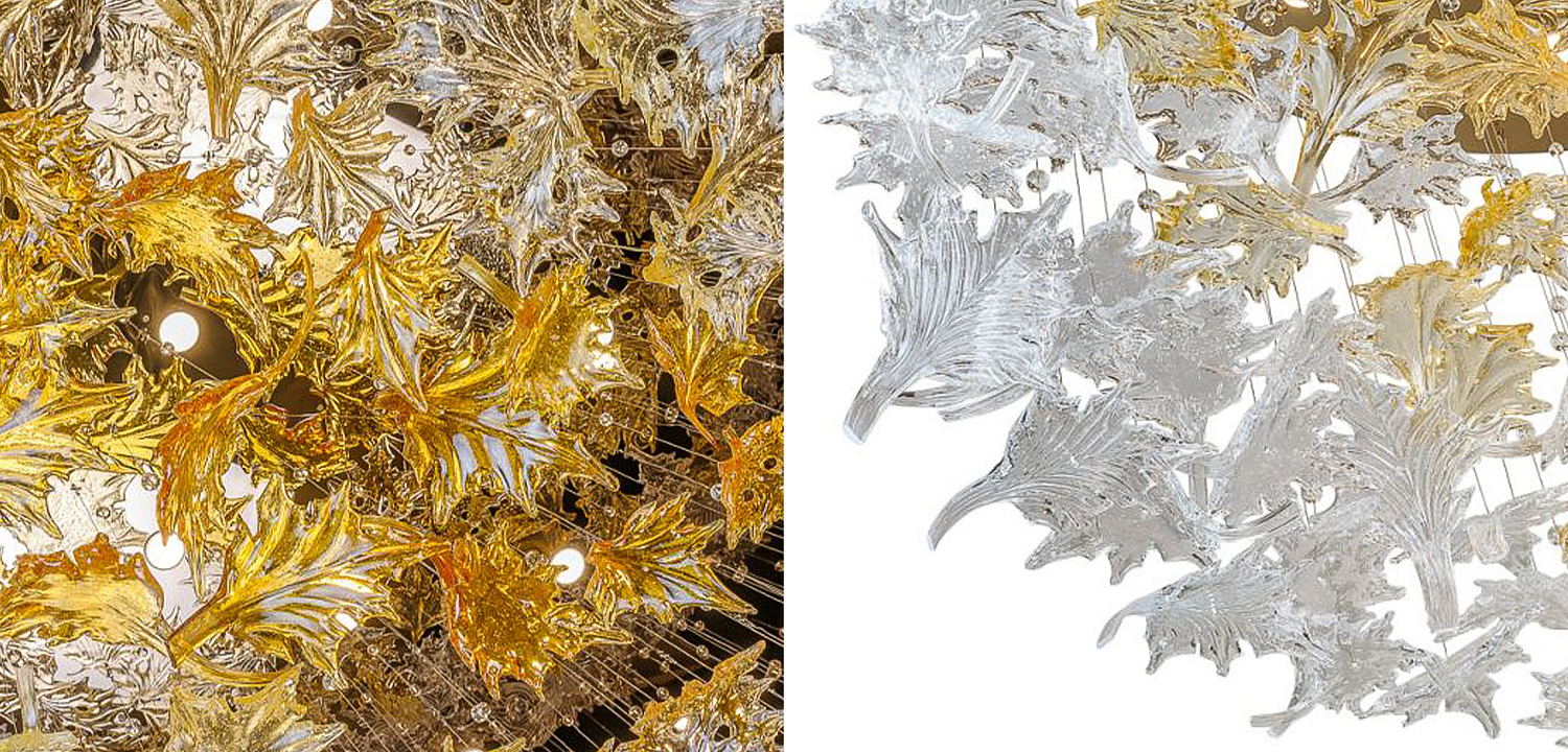 Большая круглая люстра с подвесками в виде листьев Amber Leaf Fall Light Chandelier Gold Большая круглая люстра с подвесками в виде листьев Amber Leaf Fall Light Chandelier Gold - Loft-Concept в Брянске