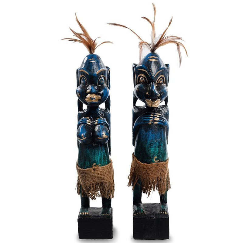 Комплект из 2-х деревянных статуэток Asmat Statuettes Dark Blue Темно-синий Бирюзовый Коричневый Черный в Брянске | Loft Concept 