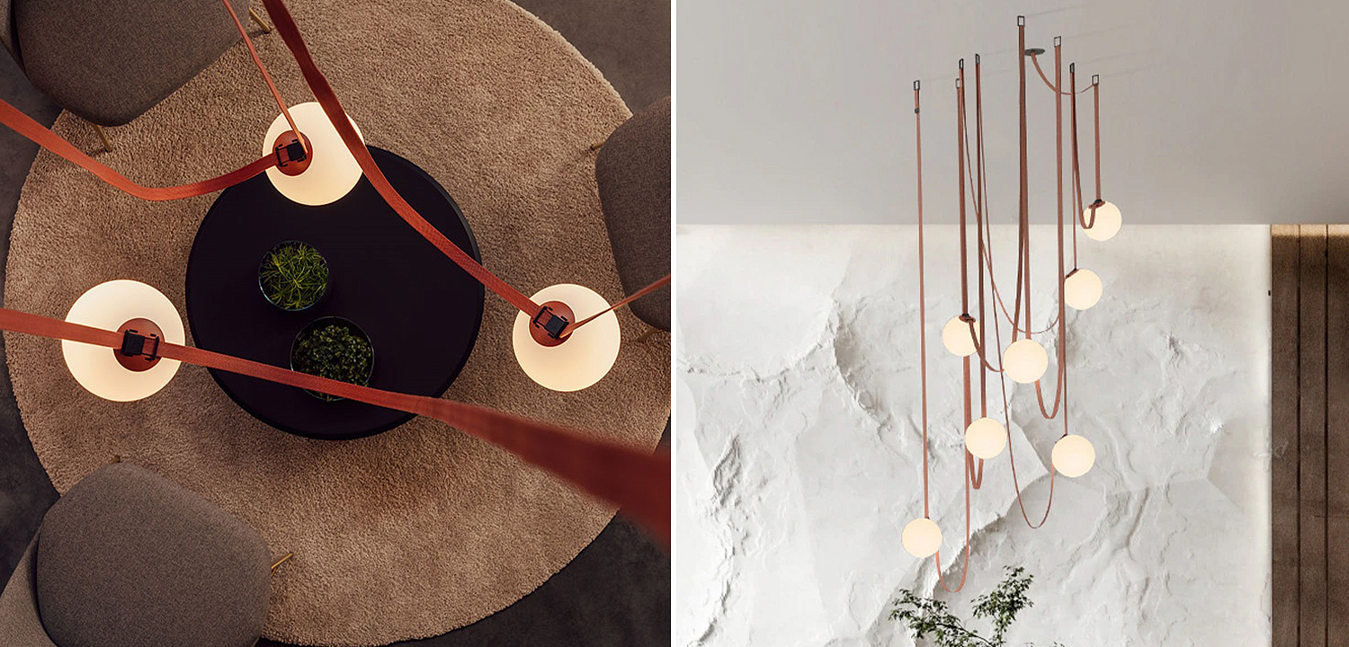Vibia PLUSMINUS Серия подвесных светильников с белыми шарообразными плафонами из стекла на красных текстильных ремнях Vibia PLUSMINUS Серия подвесных светильников с белыми шарообразными плафонами из стекла на красных текстильных ремнях - Loft-Concept в Брянске