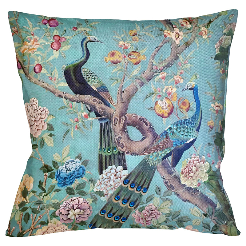 Подушка декоративная с изображением птиц в саду Chinoiserie Garden Two Peacocks Cushion Бирюзовый Мульти Подушка декоративная с изображением птиц в саду Chinoiserie Garden Two Peacocks Cushion Бирюзовый Мульти в Брянске | Loft Concept