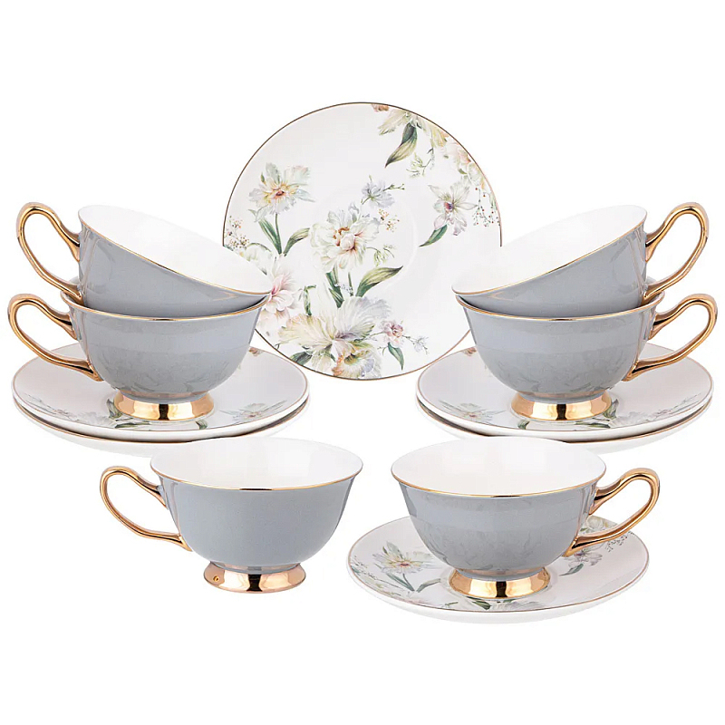 Чайный набор из фарфора на 6 персон Grey Tea Porcelain Set Белый Золотой Серый Чайный набор из фарфора на 6 персон Grey Tea Porcelain Set Белый Золотой Серый в Брянске | Loft Concept