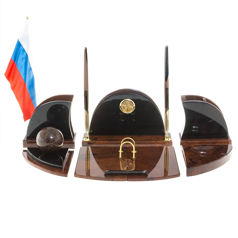 Настольный письменный набор с часами из природного камня обсидиана Oval Office Коричневый Бронза Настольный письменный набор с часами из природного камня обсидиана Oval Office Коричневый Бронза в Брянске | Loft Concept