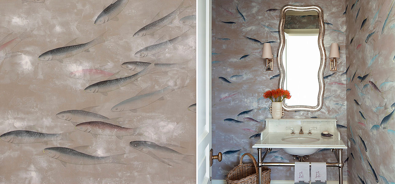 Обои ручная роспись Fishes Blue Pearl on Lead Grey dyed silk with antiquing Обои ручная роспись Fishes Blue Pearl on Lead Grey dyed silk with antiquing - Loft-Concept в Брянске