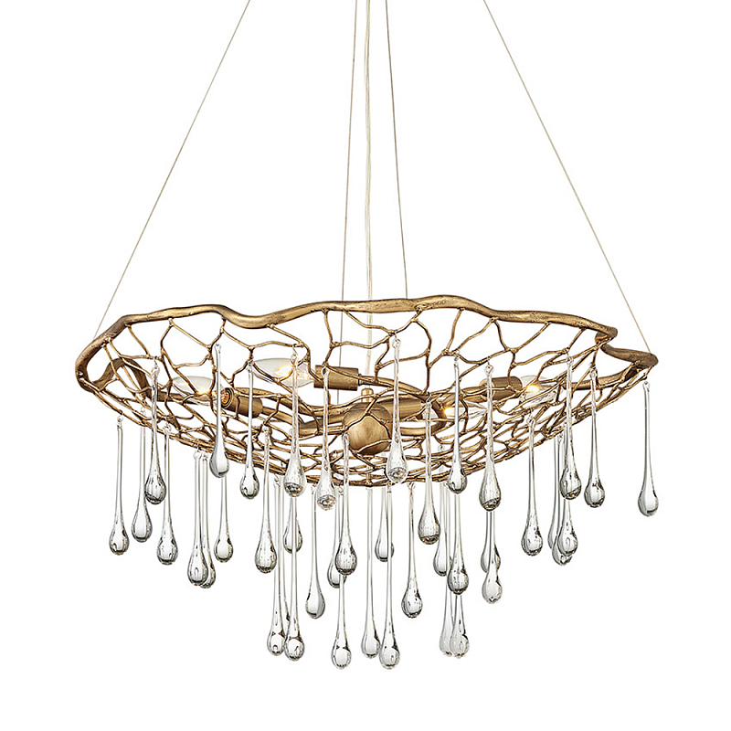 Люстра подвесная золотого цвета с металлическим сетчатым основанием и стеклянными каплевидными подвесками Hinkley Золотой Прозрачное Стекло в Брянске | Loft Concept 
