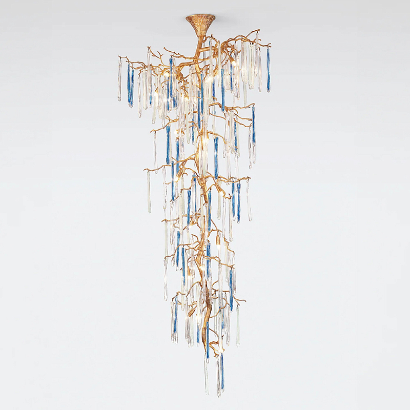 Люстра каскадная с прозрачными и голубыми подвесками в форме капель Droplet Chandelier Золотой Прозрачный Голубой Люстра каскадная с прозрачными и голубыми подвесками в форме капель Droplet Chandelier Золотой Прозрачный Голубой в Брянске | Loft Concept