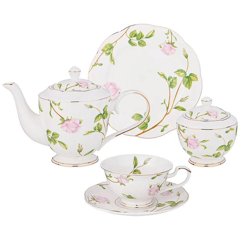 Чайный сервиз из фарфора белый с цветочным принтом на 6 персон 20 предметов Flower Porcelain Collection Белый Мульти Чайный сервиз из фарфора белый с цветочным принтом на 6 персон 20 предметов Flower Porcelain Collection Белый Мульти в Брянске | Loft Concept