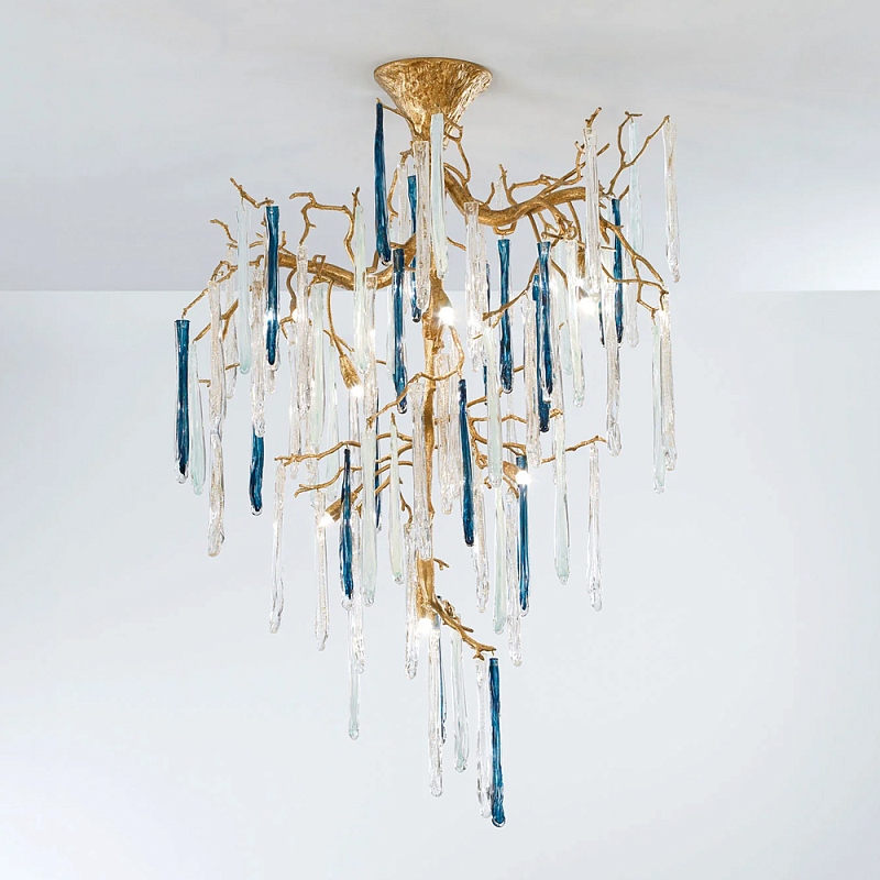Люстра с прозрачными и голубыми подвесками в форме капель Droplet Chandelier Золотой Прозрачный Синий Люстра с прозрачными и голубыми подвесками в форме капель Droplet Chandelier Золотой Прозрачный Синий в Брянске | Loft Concept