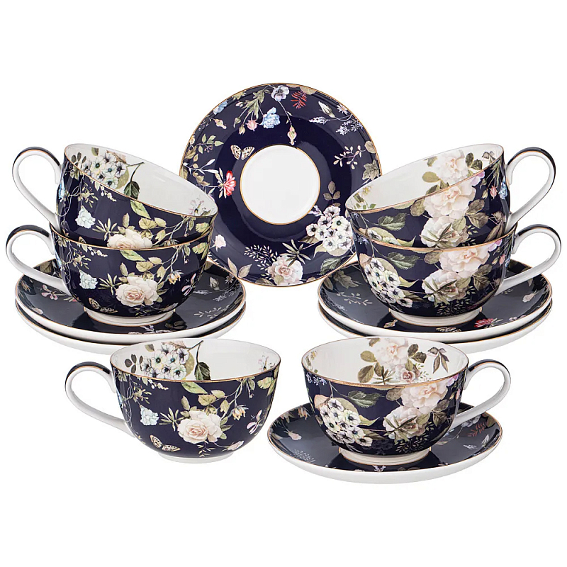 Чайный набор из фарфора темно-синий с рисунком цветов 300 мл Garden Whisper Porcelain Set Белый Темно-синий Мульти Чайный набор из фарфора темно-синий с рисунком цветов 300 мл Garden Whisper Porcelain Set Белый Темно-синий Мульти в Брянске | Loft Concept