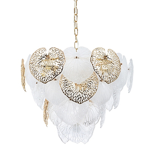 Люстра подвесная с прозрачными стеклянными плафонами в форме листьев с золотыми декоративными элементами Glass Lotus Leaves Lighting