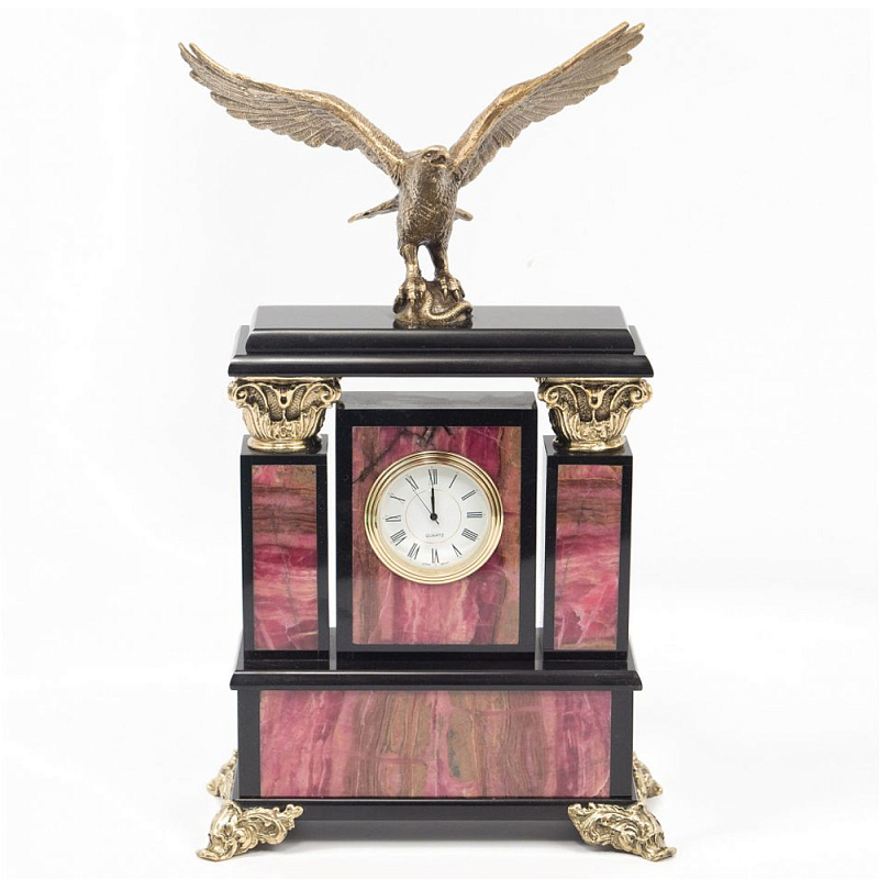 Часы настольные из родонита и бронзы с декором в виде орла Eagle Stone Clock Розовый Бронза Черный Часы настольные из родонита и бронзы с декором в виде орла Eagle Stone Clock Розовый Бронза Черный в Брянске | Loft Concept