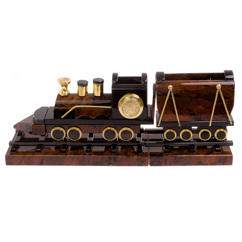 Часы настольные в виде паровоза из натурального камня Обсидиан Train Stone Clock Коричневый Золотой Часы настольные в виде паровоза из натурального камня Обсидиан Train Stone Clock Коричневый Золотой в Брянске | Loft Concept