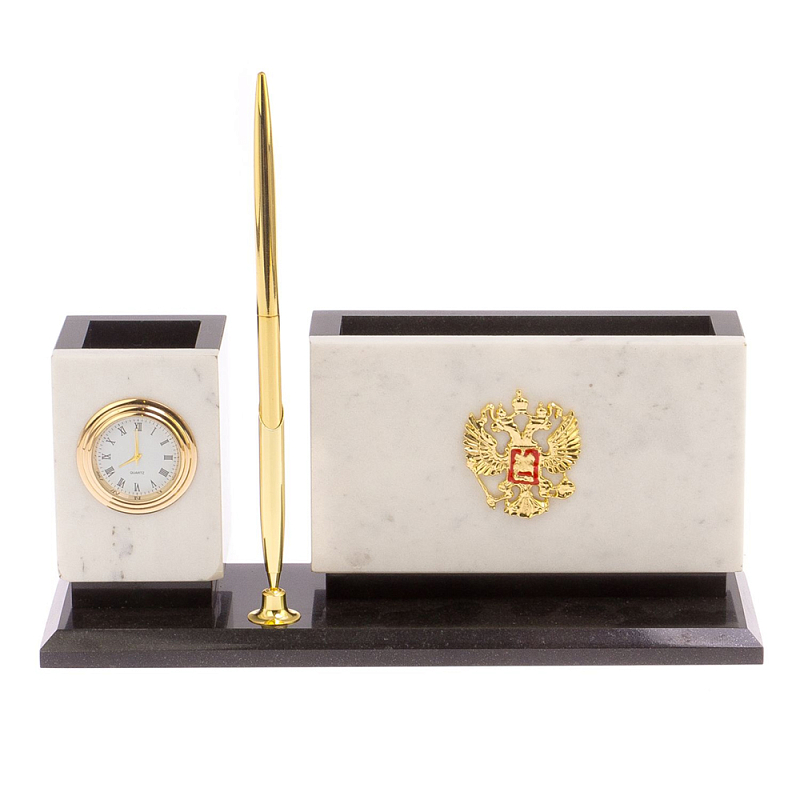 Настольный письменный набор из мрамора с часами и ручкой Marble Accessory Золотой Белый Мрамор Bianco Черный в Брянске | Loft Concept 