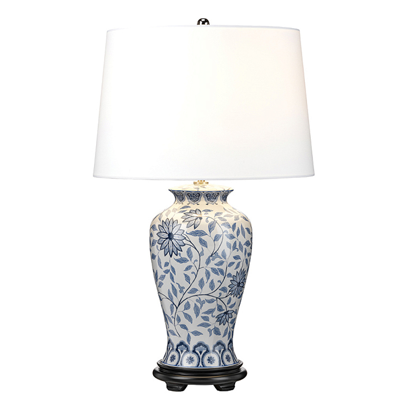 Настольная лампа с керамическим основанием в белом цвете с синим цветочным орнаментом на темной деревянной подставке и тканевым абажуром Elstead Lighting Белый Синий Черный в Брянске | Loft Concept 