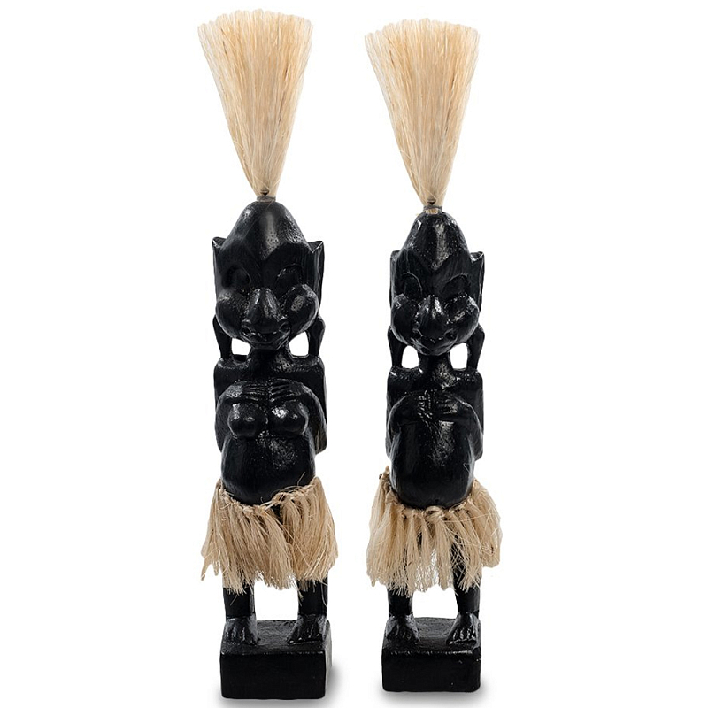 Комплект из 2-х деревянных статуэток Asmat Straw Headdress Statuettes Black Черный Бежевый Комплект из 2-х деревянных статуэток Asmat Straw Headdress Statuettes Black Черный Бежевый в Брянске | Loft Concept