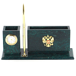 Настольный письменный набор с гербом России и часами из природного камня змеевик Successful Leader варинант исполнения - 1 | Loft Concept в Брянске