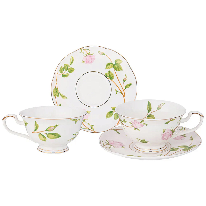 Чайный набор из фарфора белый с цветочным принтом на 2 персоны 4 предмета Flower Porcelain Collection Белый Мульти в Брянске | Loft Concept 