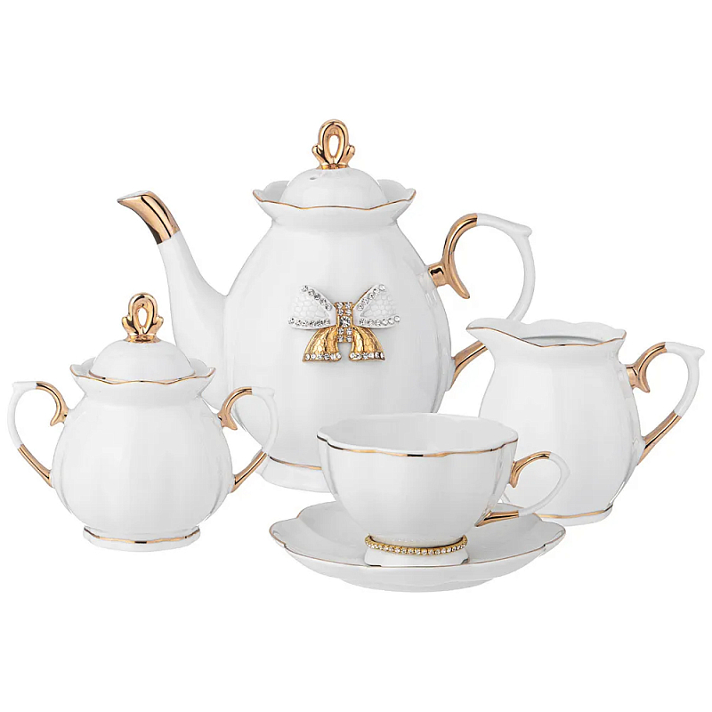 Чайный сервиз из фарфора со стразами на 6 персон 15 предметов Shine Porcelain Белый Золотой Чайный сервиз из фарфора со стразами на 6 персон 15 предметов Shine Porcelain Белый Золотой в Брянске | Loft Concept