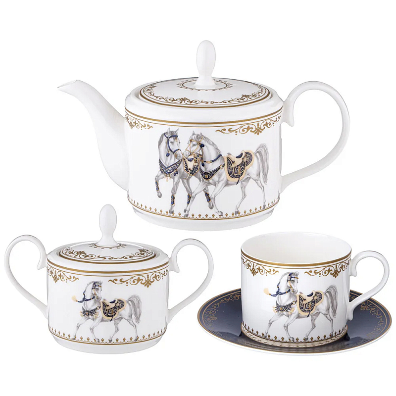 Чайный сервиз из фарфора с изображением лошадей на 6 персон 14 предметов Porcelain Horse Set Белый Синий в Брянске | Loft Concept 