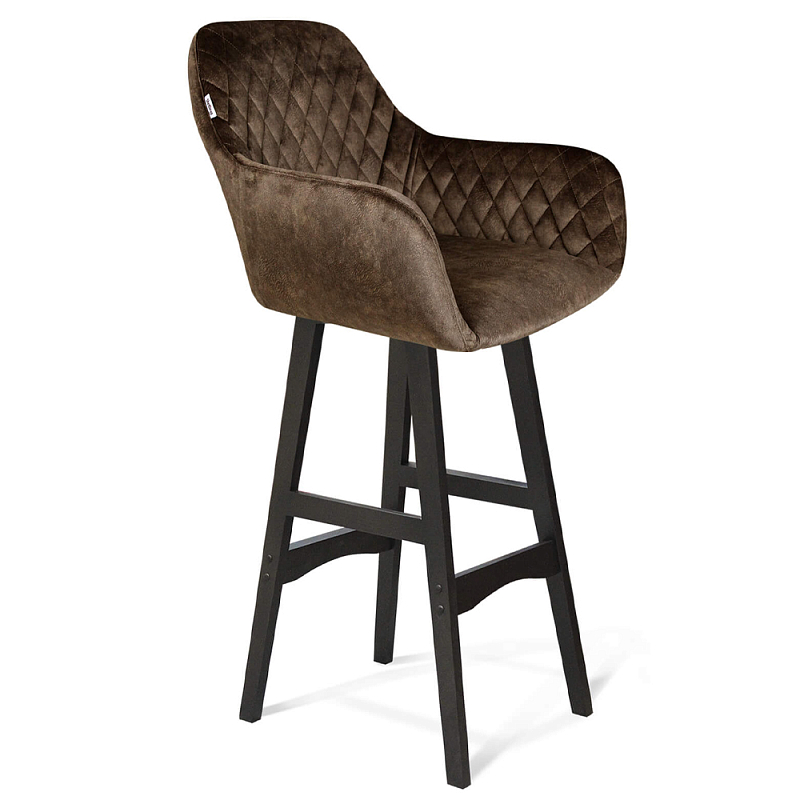 Барный стул со спинкой и подлокотниками на 4-х черных ножках Douglas Rhombus Коричневый Велюр Черный Коричневый в Брянске | Loft Concept 